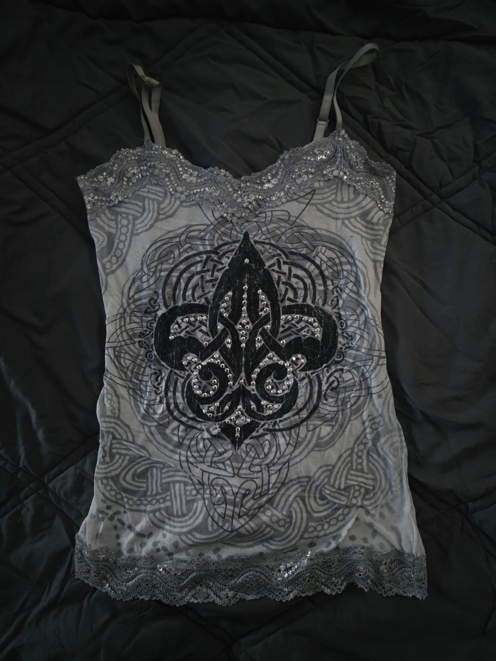 Maurices Gray Lace-Trim Fleur-de-Lis Stud Camisole Tank - Picture 2 of 6